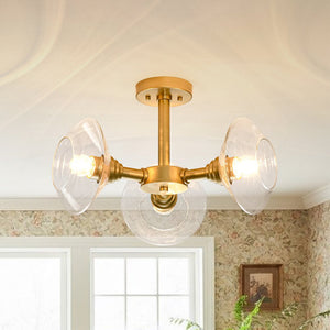 LightFixturesUSA - Modern 3 - Light Clear Glass Round Sputnik Semi Flush Mount - Chandelier - Brass - 