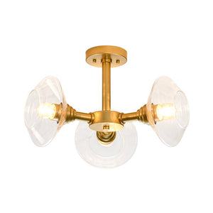 LightFixturesUSA - Modern 3 - Light Clear Glass Round Sputnik Semi Flush Mount - Chandelier - Brass - 