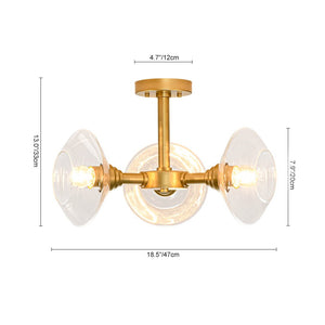 LightFixturesUSA - Modern 3 - Light Clear Glass Round Sputnik Semi Flush Mount - Chandelier - Brass - 