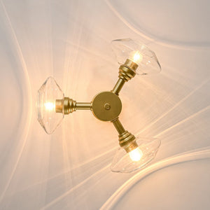 LightFixturesUSA - Modern 3 - Light Clear Glass Round Sputnik Semi Flush Mount - Chandelier - Brass - 