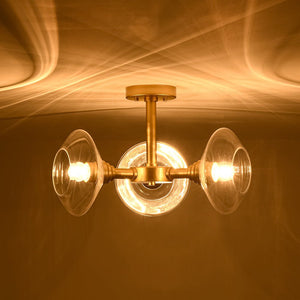 LightFixturesUSA - Modern 3 - Light Clear Glass Round Sputnik Semi Flush Mount - Chandelier - Brass - 