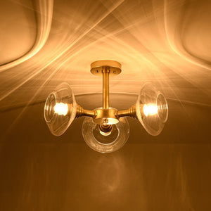LightFixturesUSA - Modern 3 - Light Clear Glass Round Sputnik Semi Flush Mount - Chandelier - Brass - 
