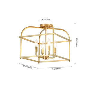 LightFixturesUSA - Modern 4 - Light Candle Style Square Cage Semi Flush Mount - Ceiling Light - Brass - 