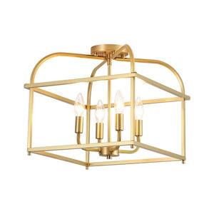 LightFixturesUSA - Modern 4 - Light Candle Style Square Cage Semi Flush Mount - Ceiling Light - Brass - 