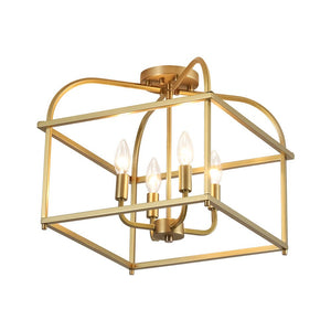 LightFixturesUSA - Modern 4 - Light Candle Style Square Cage Semi Flush Mount - Ceiling Light - Brass - 
