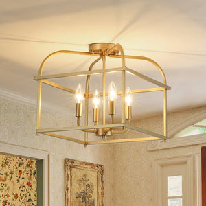 LightFixturesUSA - Modern 4 - Light Candle Style Square Cage Semi Flush Mount - Ceiling Light - Brass - 