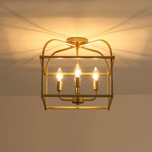 LightFixturesUSA - Modern 4 - Light Candle Style Square Cage Semi Flush Mount - Ceiling Light - Brass - 