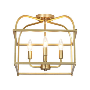 LightFixturesUSA - Modern 4 - Light Candle Style Square Cage Semi Flush Mount - Ceiling Light - Brass - 