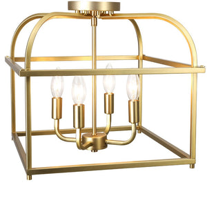 LightFixturesUSA - Modern 4 - Light Candle Style Square Cage Semi Flush Mount - Ceiling Light - Brass - 