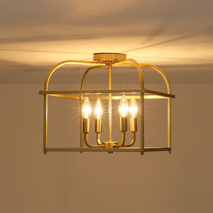 LightFixturesUSA - Modern 4 - Light Candle Style Square Cage Semi Flush Mount - Ceiling Light - Brass - 