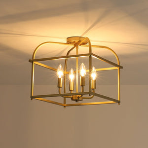 LightFixturesUSA - Modern 4 - Light Candle Style Square Cage Semi Flush Mount - Ceiling Light - Brass - 