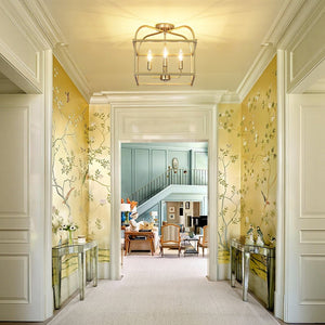 LightFixturesUSA - Modern 4 - Light Candle Style Square Cage Semi Flush Mount - Ceiling Light - Brass - 