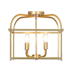 LightFixturesUSA - Modern 4 - Light Candle Style Square Cage Semi Flush Mount - Ceiling Light - Brass - 