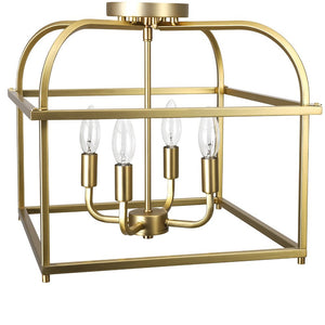 LightFixturesUSA - Modern 4 - Light Candle Style Square Cage Semi Flush Mount - Ceiling Light - Brass - 