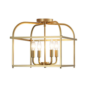 LightFixturesUSA - Modern 4 - Light Candle Style Square Cage Semi Flush Mount - Ceiling Light - Brass - 
