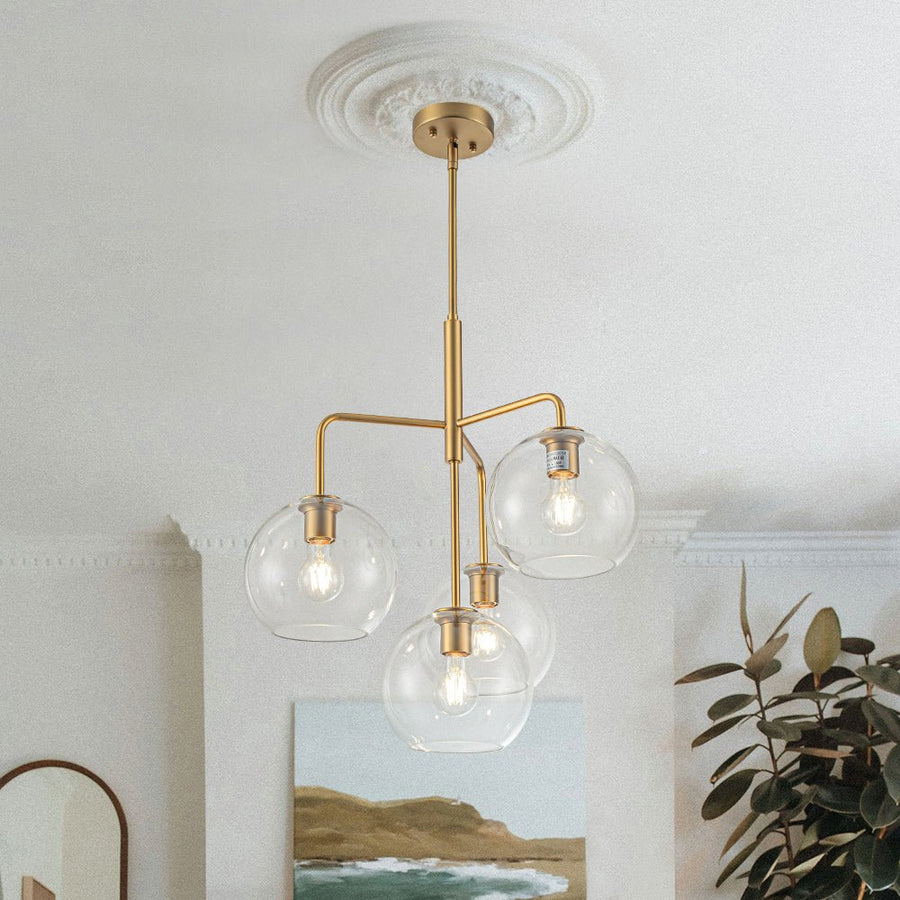 LightFixturesUSA - Modern 4 - Light Clear Glass Bubble Hanging Sputnik Chandelier - Chandelier - Brass - 