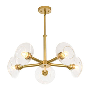 LightFixturesUSA - Modern 5 - Light Clear Glass Round Sputnik Chandelier - Chandelier - Brass - 