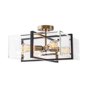LightFixturesUSA - Modern Black Brass Clear Glass Square Cage Semi Flush Mount - Ceiling Light - 16.5in - 