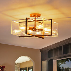 LightFixturesUSA - Modern Black Brass Clear Glass Square Cage Semi Flush Mount - Ceiling Light - 16.5in - 