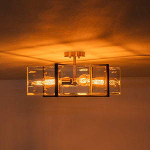 LightFixturesUSA - Modern Black Brass Clear Glass Square Cage Semi Flush Mount - Ceiling Light - 16.5in - 