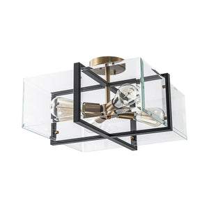 LightFixturesUSA - Modern Black Brass Clear Glass Square Cage Semi Flush Mount - Ceiling Light - 16.5in - 
