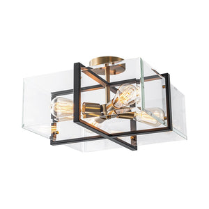 LightFixturesUSA - Modern Black Brass Clear Glass Square Cage Semi Flush Mount - Ceiling Light - 16.5in - 