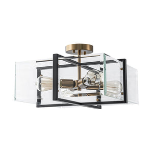 LightFixturesUSA - Modern Black Brass Clear Glass Square Cage Semi Flush Mount - Ceiling Light - 16.5in - 