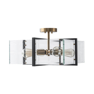 LightFixturesUSA - Modern Black Brass Clear Glass Square Cage Semi Flush Mount - Ceiling Light - 16.5in - 