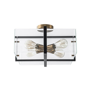 LightFixturesUSA - Modern Black Brass Clear Glass Square Cage Semi Flush Mount - Ceiling Light - 16.5in - 