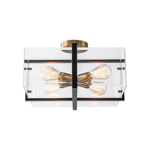 LightFixturesUSA - Modern Black Brass Clear Glass Square Cage Semi Flush Mount - Ceiling Light - 16.5in - 