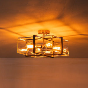 LightFixturesUSA - Modern Black Brass Clear Glass Square Cage Semi Flush Mount - Ceiling Light - 16.5in - 