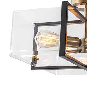LightFixturesUSA - Modern Black Brass Clear Glass Square Cage Semi Flush Mount - Ceiling Light - 16.5in - 