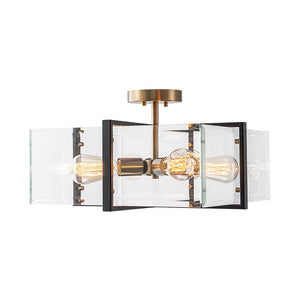 LightFixturesUSA - Modern Black Brass Clear Glass Square Cage Semi Flush Mount - Ceiling Light - 16.5in - 