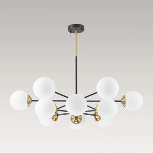 LightFixturesUSA-Modern Black Brass Opal Glass Globe Tiered Sputnik Chandelier-Chandelier-12-Lt-