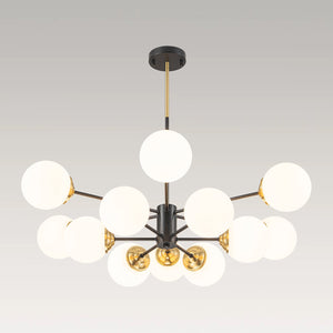 LightFixturesUSA-Modern Black Brass Opal Glass Globe Tiered Sputnik Chandelier-Chandelier-12-Lt-