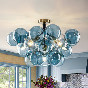 LightFixturesUSA - Modern Cluster Blue Glass Bubble Semi Flush Chandelier - Chandelier - Blue Bubble - 
