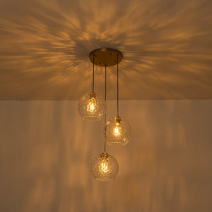 LightFixturesUSA-Modern Cluster Clear Hammered Glass Globe 3-Light Pendant-Chandelier-Brass-