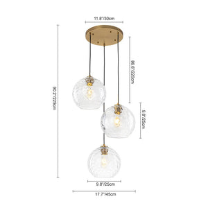 LightFixturesUSA-Modern Cluster Clear Hammered Glass Globe 3-Light Pendant-Chandelier-Brass-