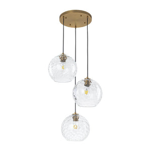 LightFixturesUSA-Modern Cluster Clear Hammered Glass Globe 3-Light Pendant-Chandelier-Brass-