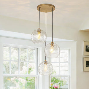 LightFixturesUSA-Modern Cluster Clear Hammered Glass Globe 3-Light Pendant-Chandelier-Brass-