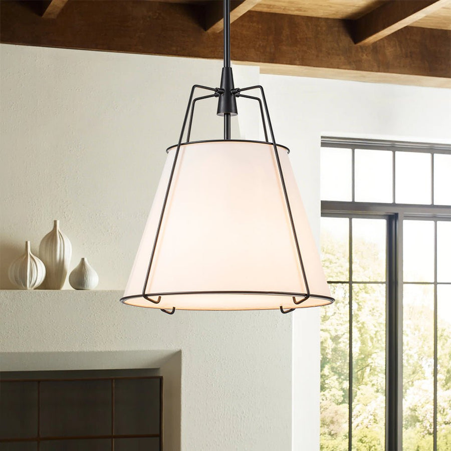 LightFixturesUSA - Modern Fabric Conical Drum Cage Pendant Light - Ceiling Light - 23.6 in. - White+Nickel (Exclusive Offer)
