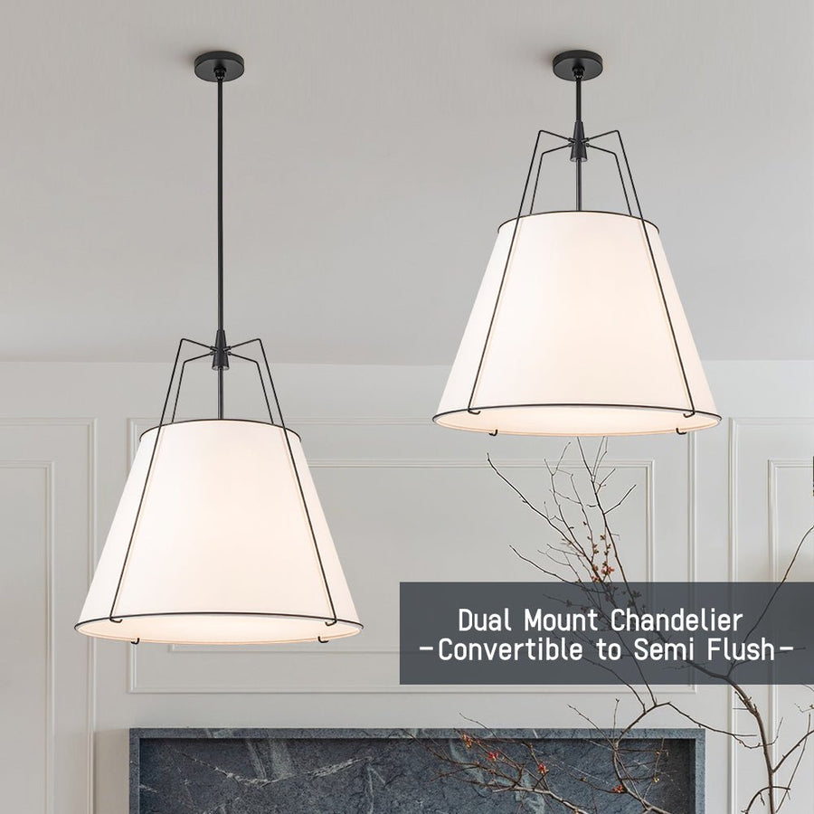 LightFixturesUSA - Modern Fabric Conical Drum Cage Pendant Light - Ceiling Light - 23.6 in. - White+Nickel (Exclusive Offer)