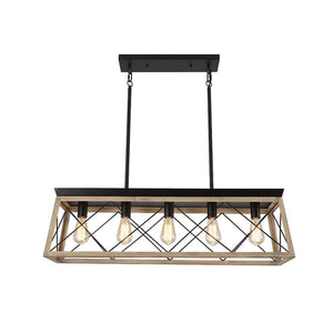 LightFixturesUSA - Modern Farmhouse 5 - light Kitchen Island Faux Wood Linear Chandelier Pendant - Chandelier - Beige Yellow - 