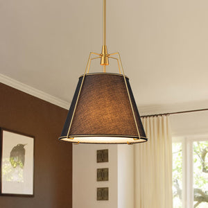 LightFixturesUSA - Modern Linen Conical Drum Cage Pendant Light - Ceiling Light - 15 in. - Black+Brass