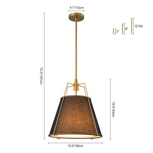 LightFixturesUSA - Modern Linen Conical Drum Cage Pendant Light - Ceiling Light - 15 in. - Black+Brass