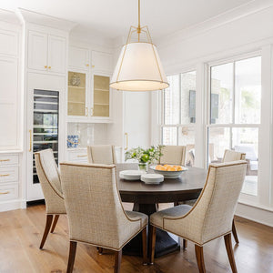 LightFixturesUSA - Modern Linen Conical Drum Cage Pendant Light - Ceiling Light - 23.6 in. - White+Brass