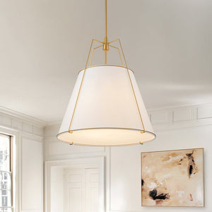 LightFixturesUSA - Modern Linen Conical Drum Cage Pendant Light - Ceiling Light - 23.6 in. - White+Brass