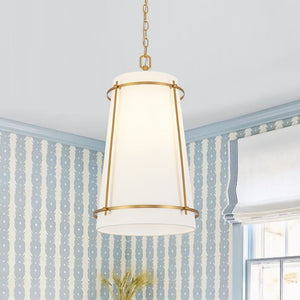 LightFixturesUSA - Modern Mid - Century Fabric Tall Cone Cage Pendant Light - Ceiling Light - Brass - 