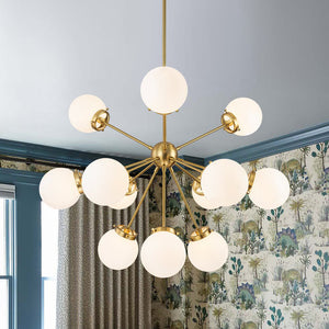 LightFixturesUSA - Modern Opal Glass Globe 12 - light Sphere Sputnik Chandelier - Chandelier - Brass - 