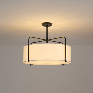 LightFixturesUSA - Modern Round White Fabric Drum Cage Semi Flush Mount - Ceiling Light - Black (Pre - Order) - 